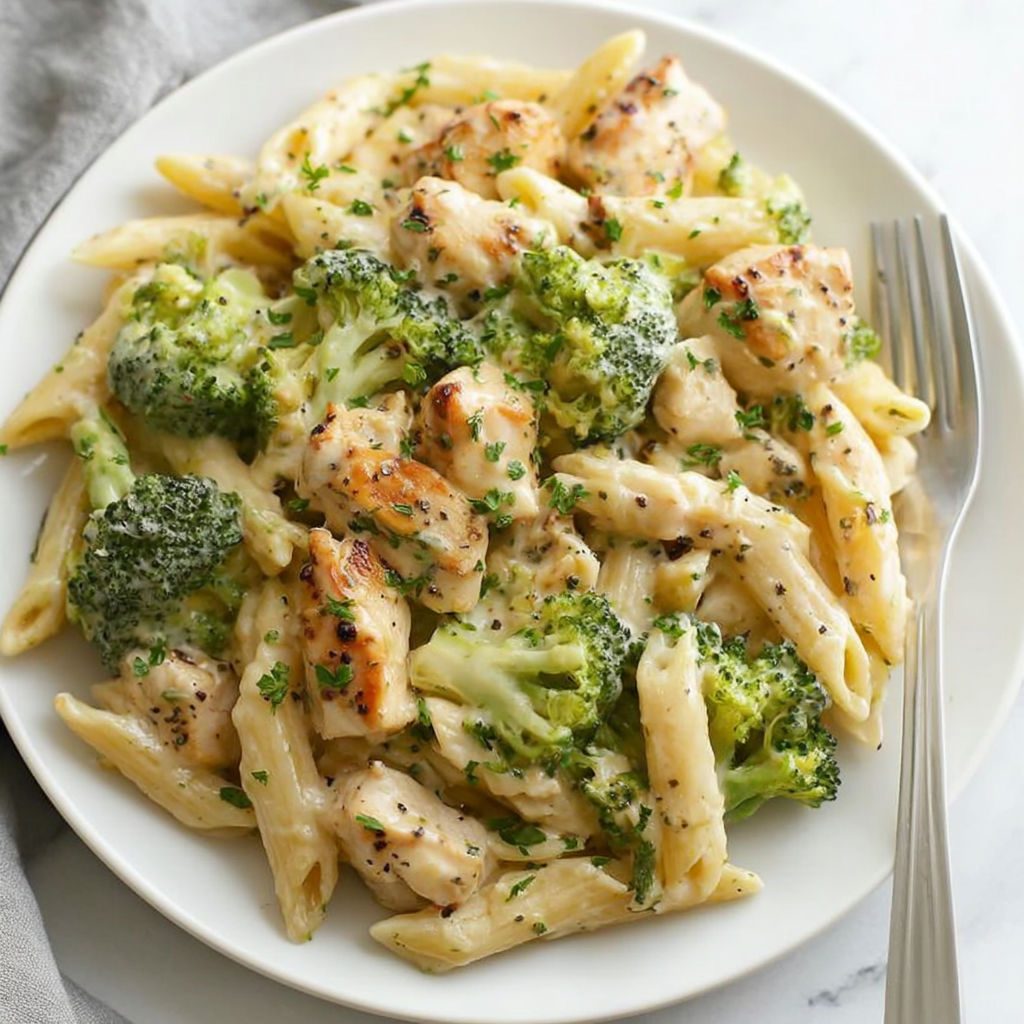 A plate of creamy broccoli garlic chicken penne.