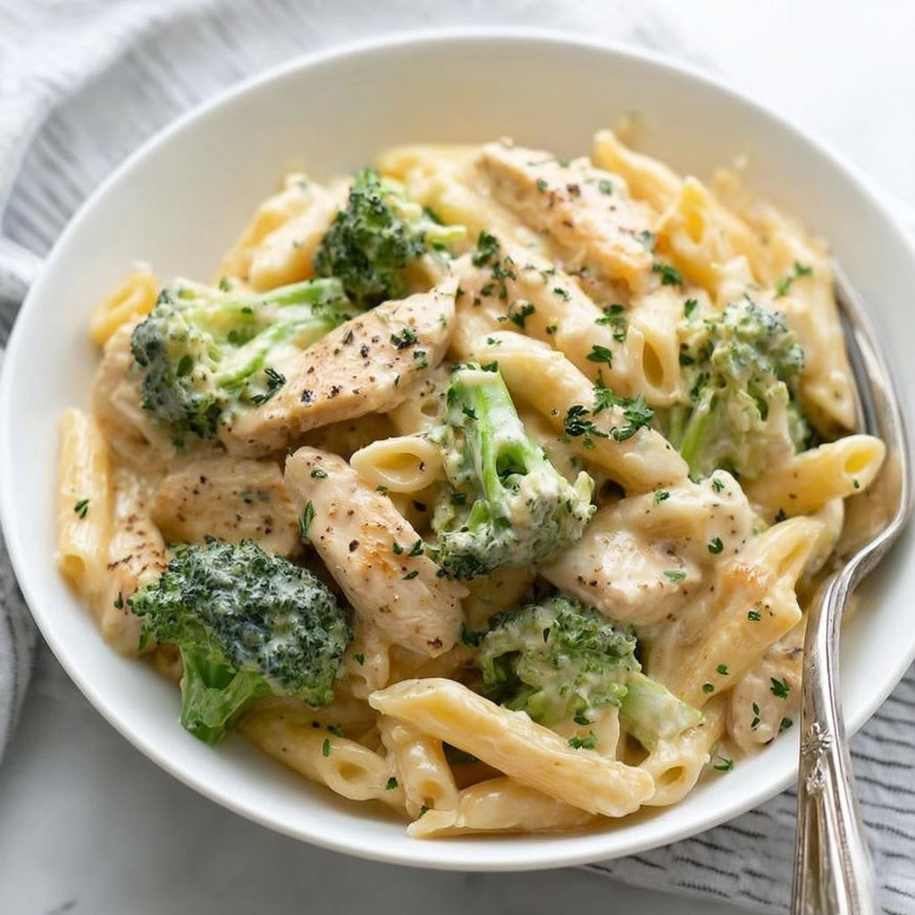 A bowl of pasta with chicken and broccoli.