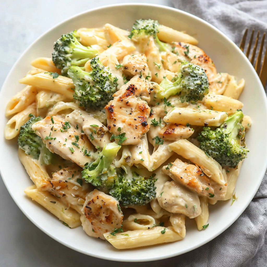 A plate of pasta with chicken and broccoli.