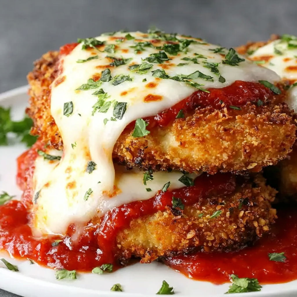 A plate of chicken parmesan with cheese and tomato sauce.