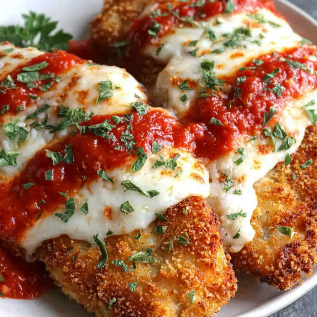 A plate of chicken parmesan with marinara sauce.