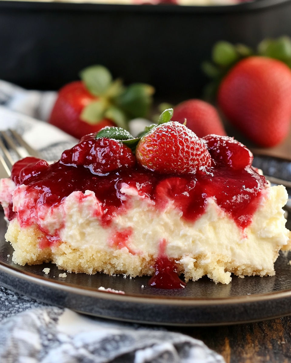 A slice of cake with strawberries on top.