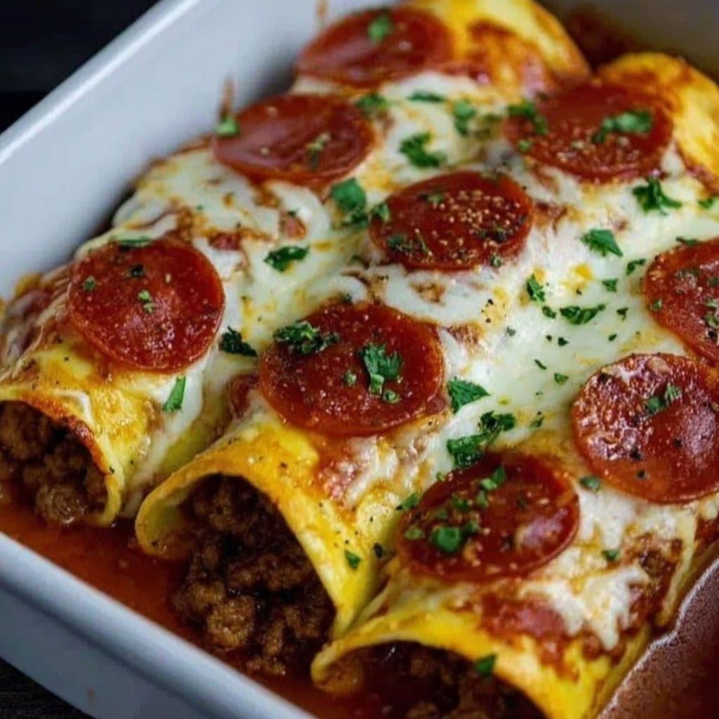 A dish of pizza enchiladas with pepperoni and beef.
