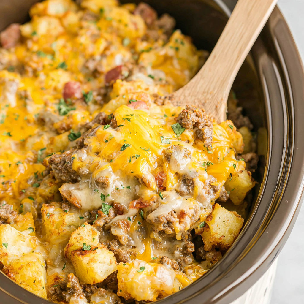 A close up of a slow cooker hamburger hash.