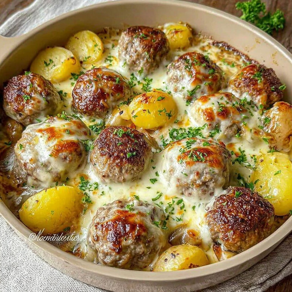 A bowl of meatballs with potatoes and cheese.