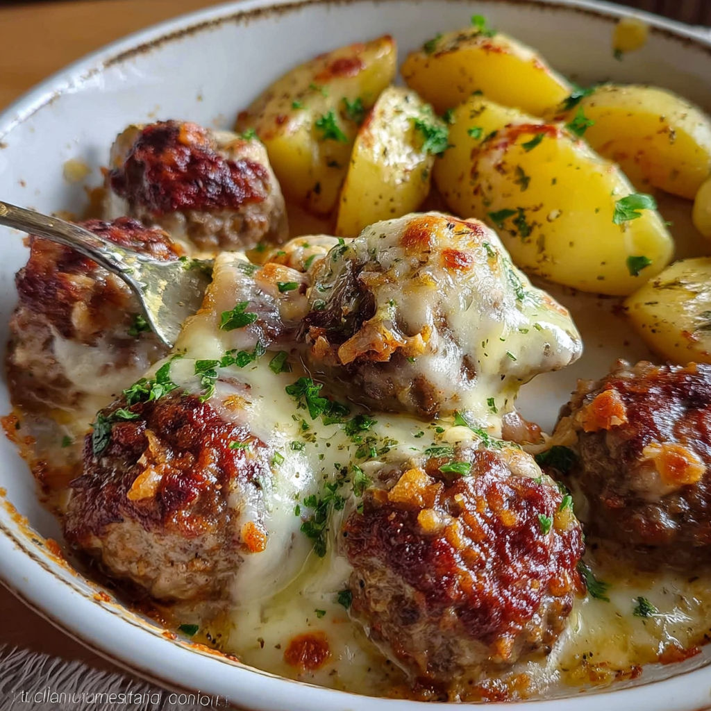 A plate of food with meatballs and potatoes.