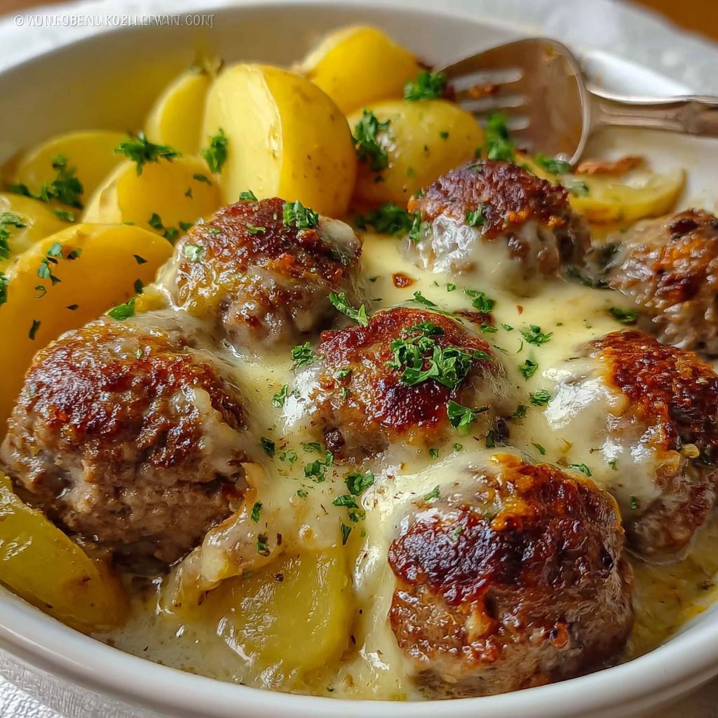 A plate of food with meatballs and potatoes.