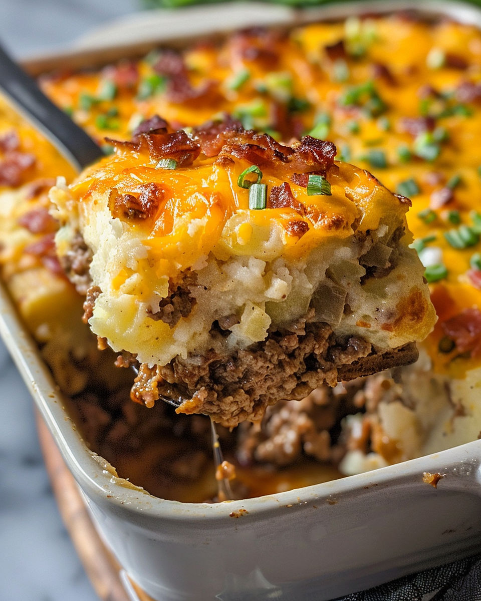 A close up of a loaded potato and meatloaf casserole.