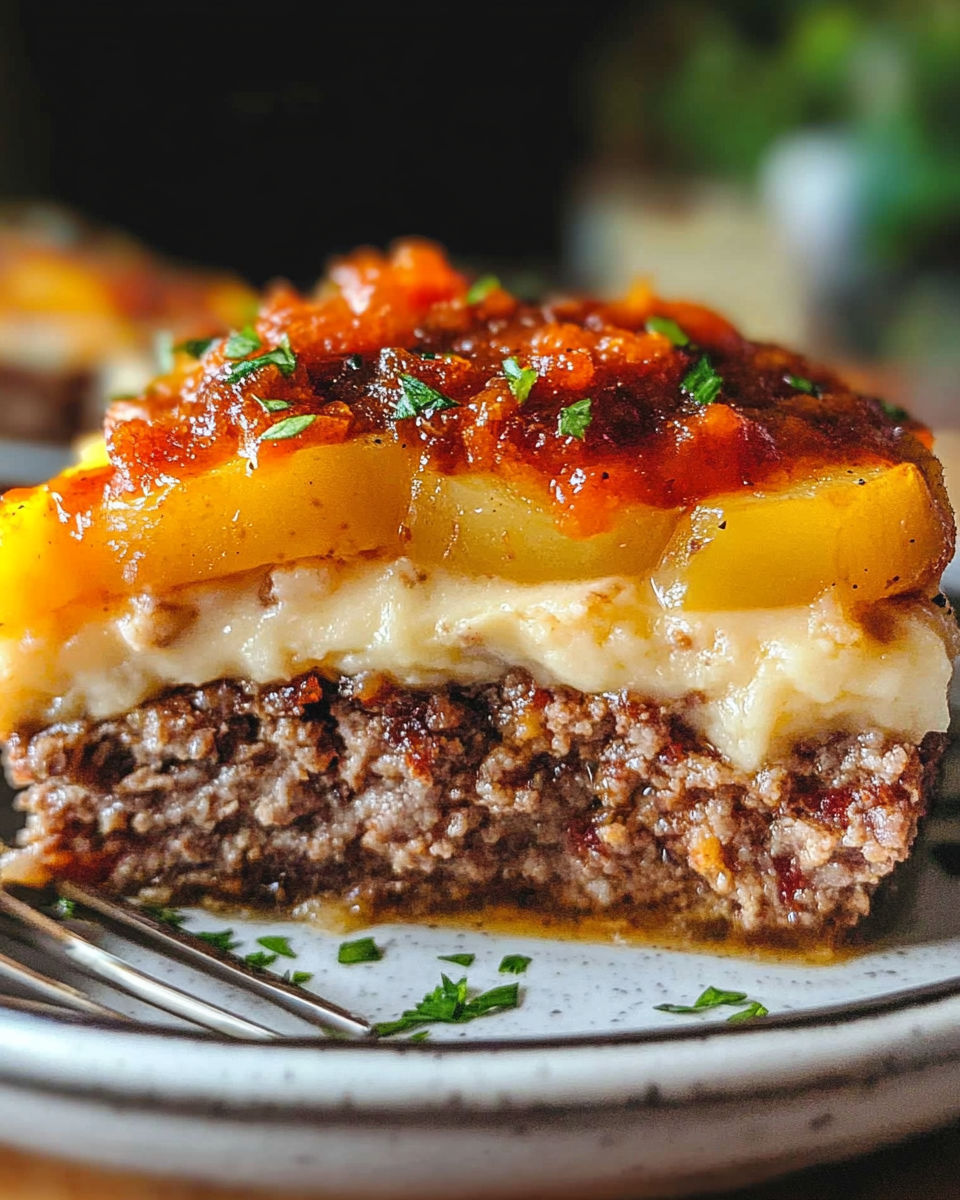 A slice of a loaded potato and meatloaf casserole.