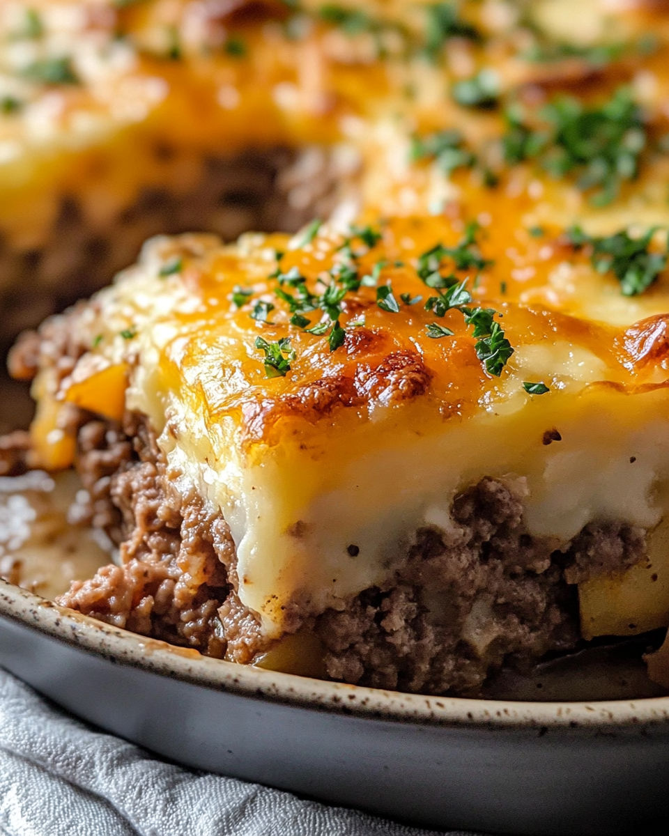 A loaded potato and meatloaf casserole in a bowl.