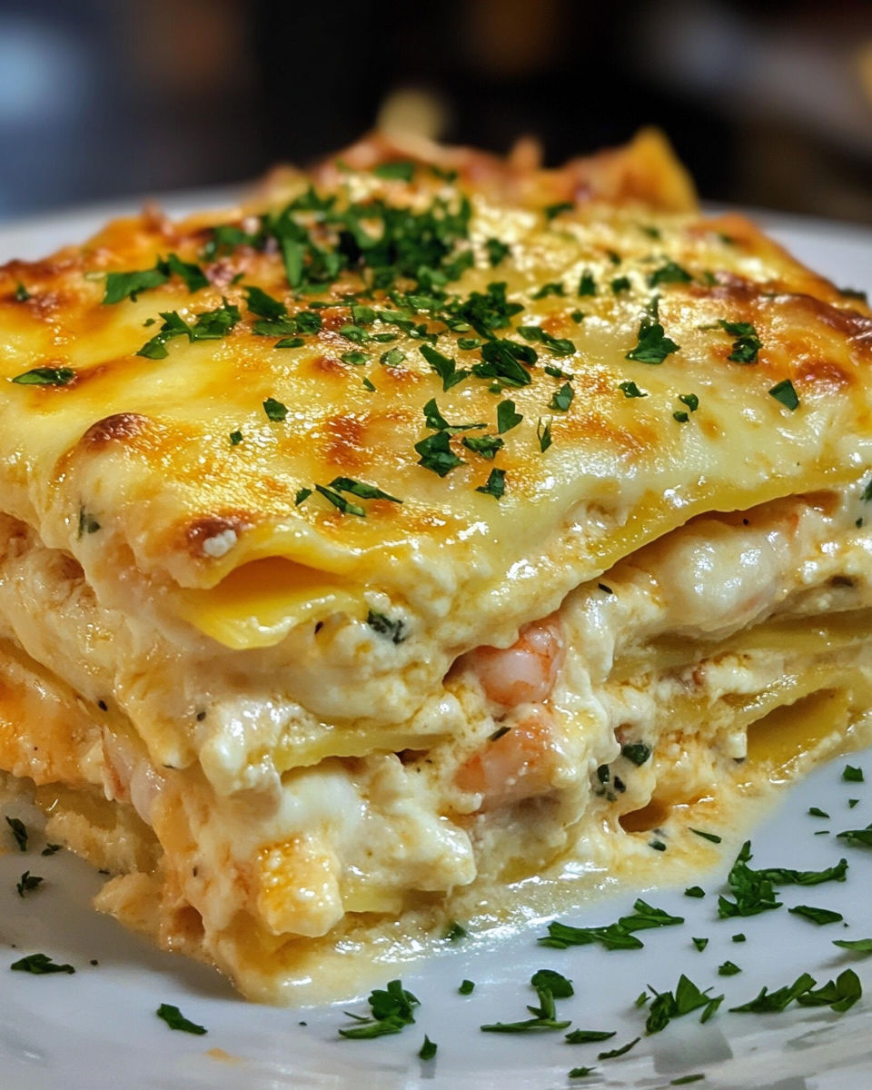 A plate of seafood lasagna with shrimp and crab.