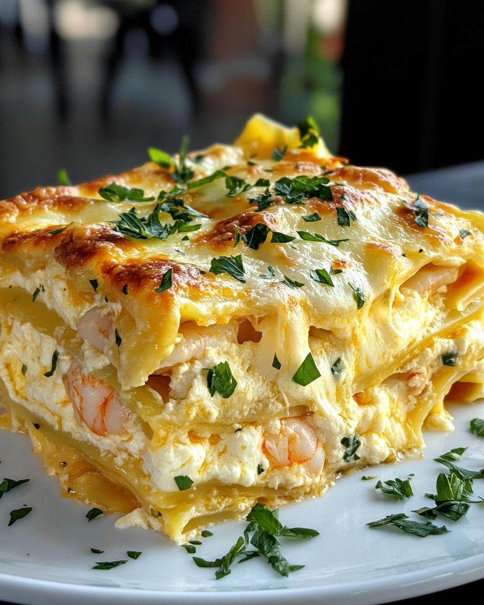 A seafood lasagna with shrimp and crab.
