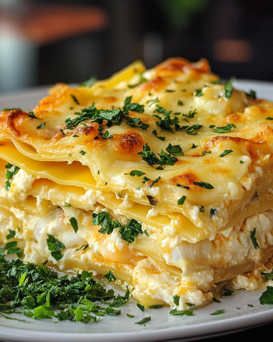 A plate of seafood lasagna with shrimp and crab.