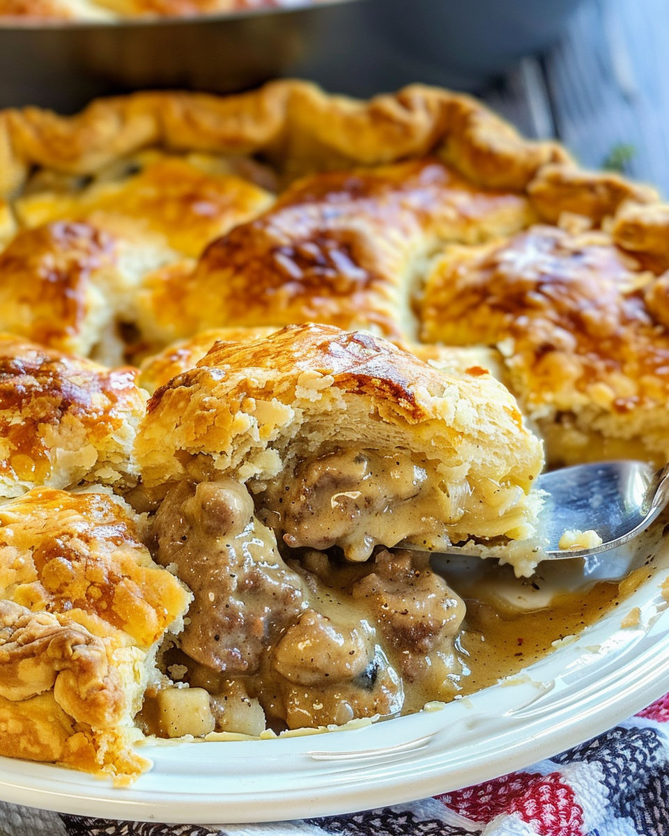 A close up of a sausage gravy puff pie.