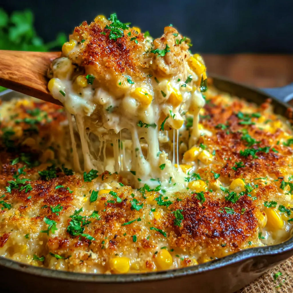 A close up of a delicious looking street corn chicken casserole.