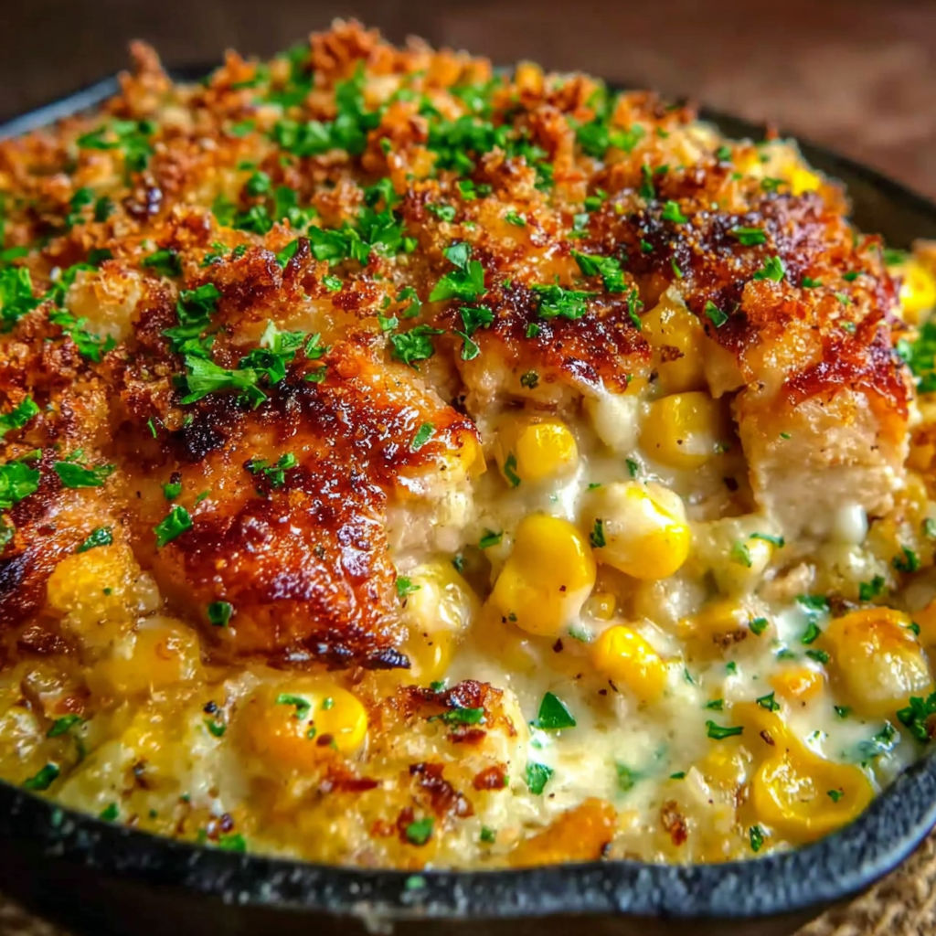 A dish of chicken and corn.