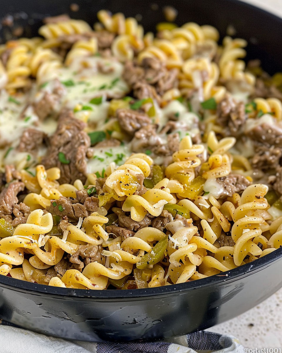 A bowl of pasta with meat and cheese.