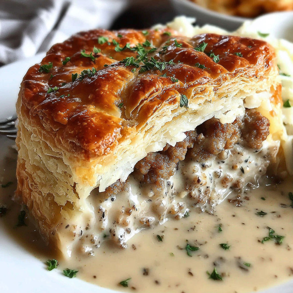 A sausage gravy puff pie on a plate.