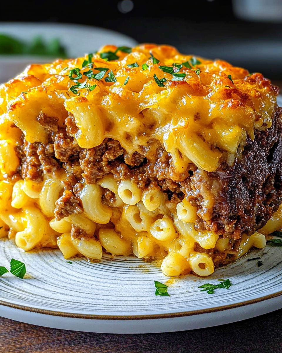 A close up of a delicious mac and cheese meatloaf casserole.