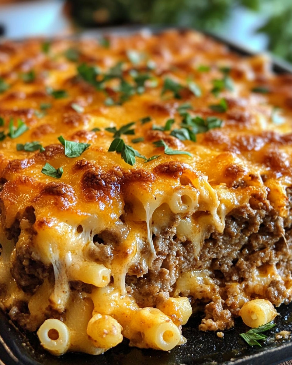 A close up of a casserole dish with a cheese and meat topping.