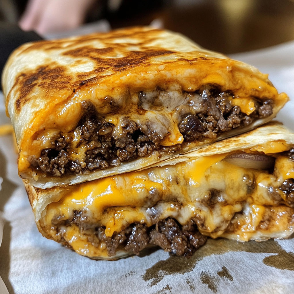 A beef and cheese wrap on a paper towel.