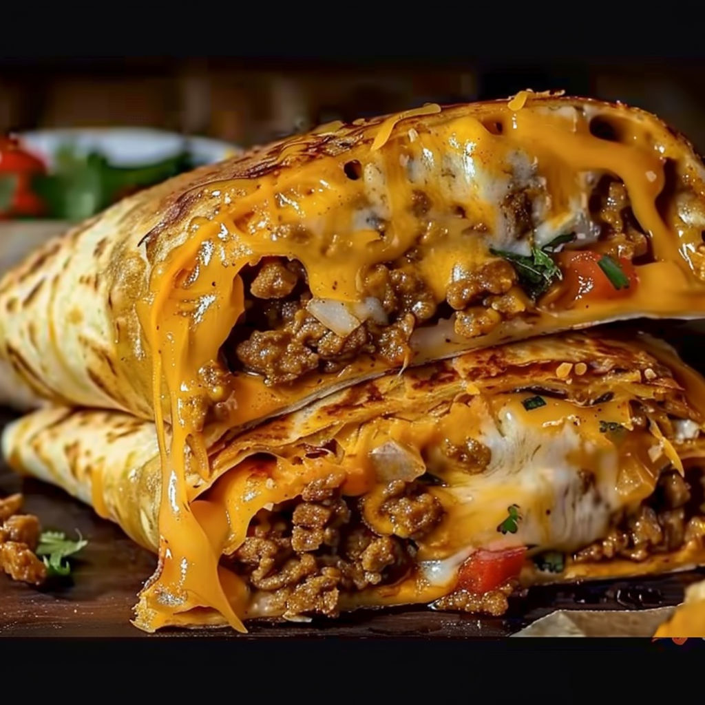 A close up of a nacho cheese beef wrap.