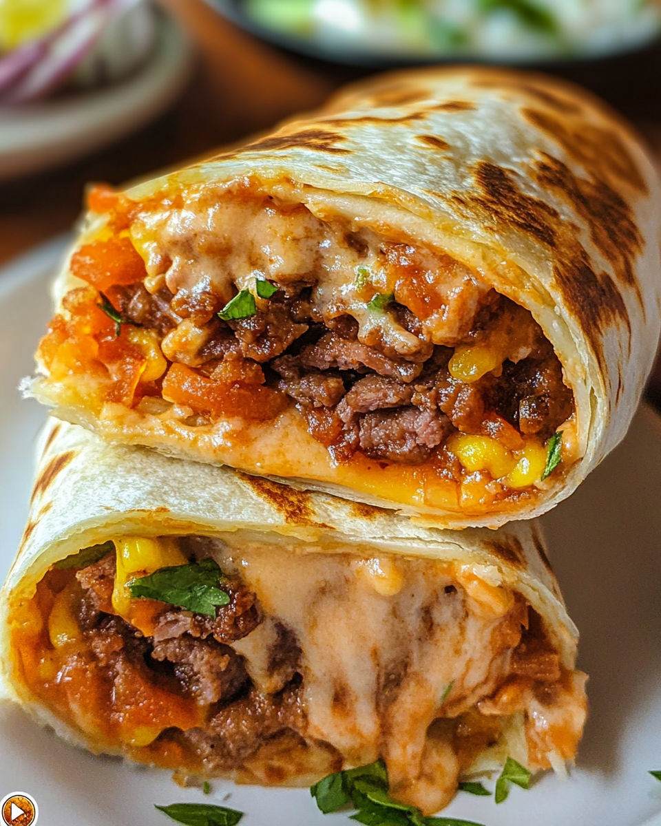 A beef and cheese wrap on a plate.