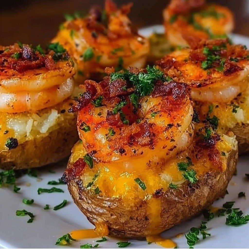 A plate of food with shrimp, bacon, and potatoes.