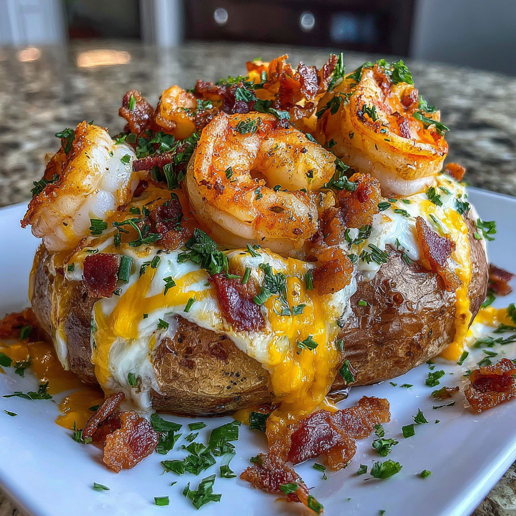 A loaded shrimp turkey bacon potato on a white plate.