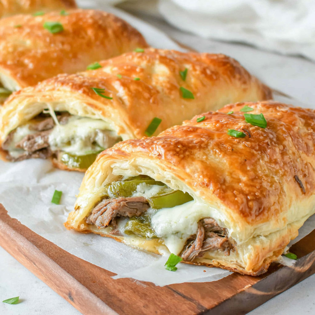 A Philly Cheese Steak Crescent is on a wooden board.
