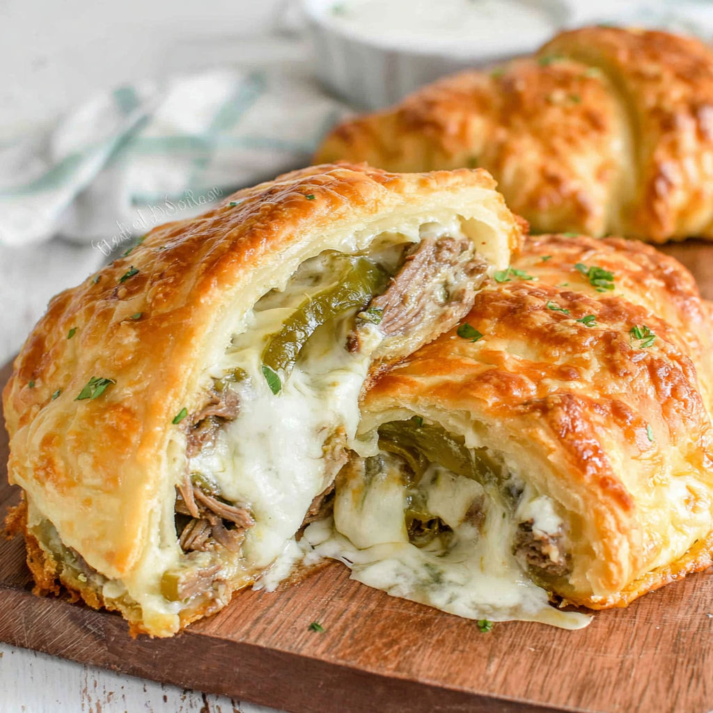 A pastry with meat and cheese inside.