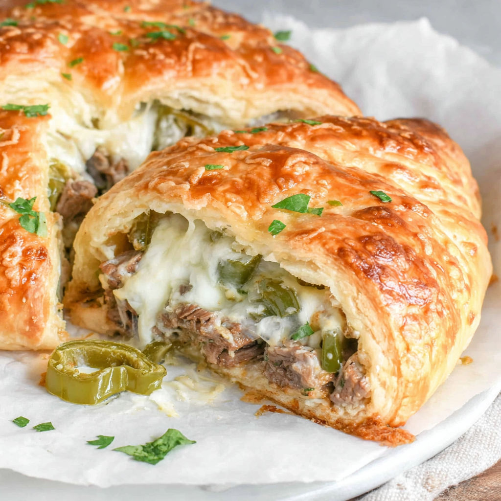 A pastry with meat and cheese inside.