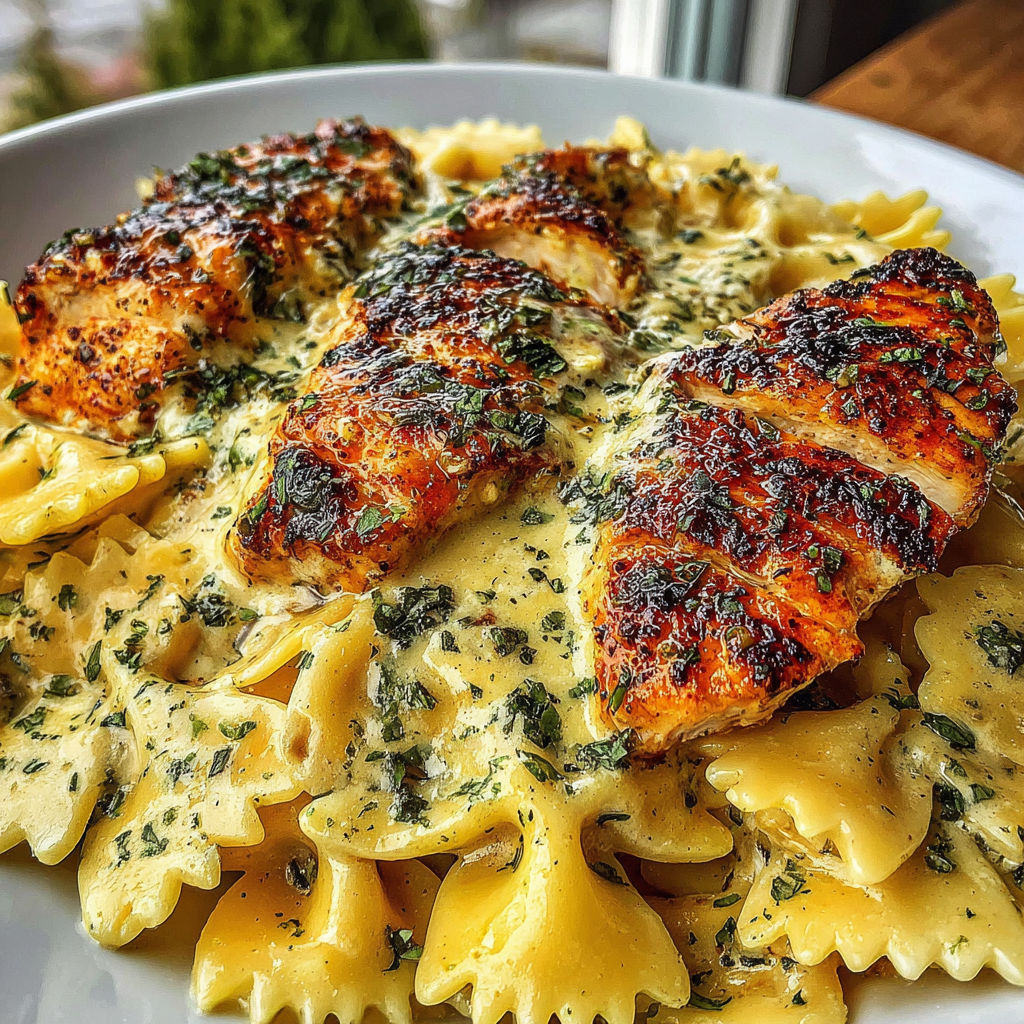 A plate of garlic butter chicken bowties with cheesy mozzarella cream sauce.