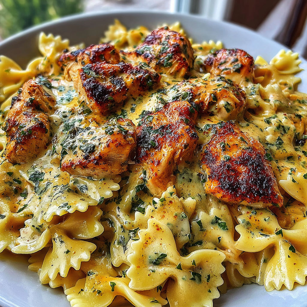 A plate of garlic butter chicken bowties with cheesy mozzarella cream sauce.