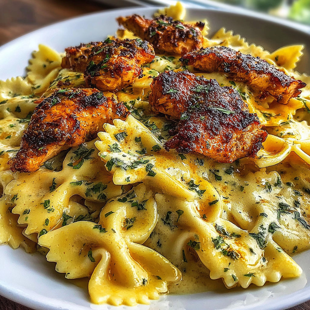 A plate of garlic butter chicken bowties with cheesy mozzarella cream sauce.
