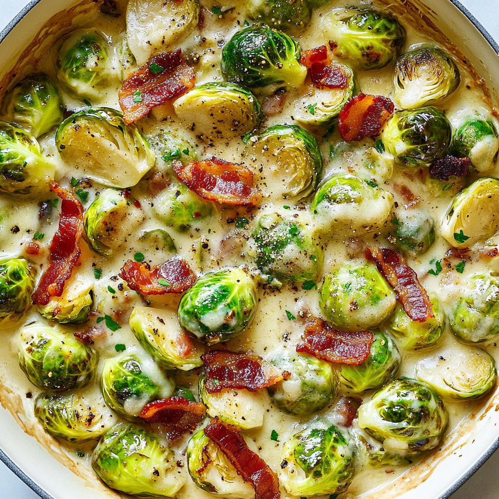A dish of creamy brussels sprouts with turkey bacon.
