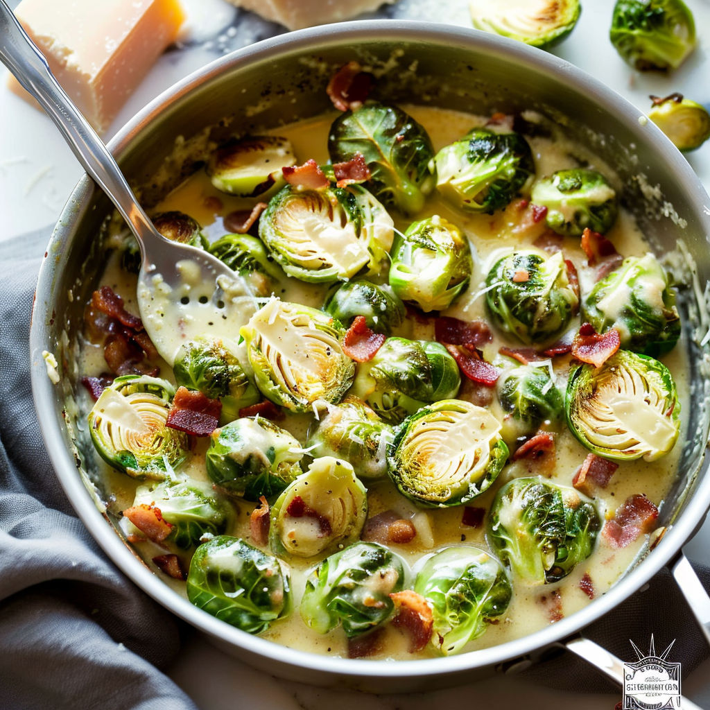 A bowl of creamy Brussels sprouts with turkey bacon.