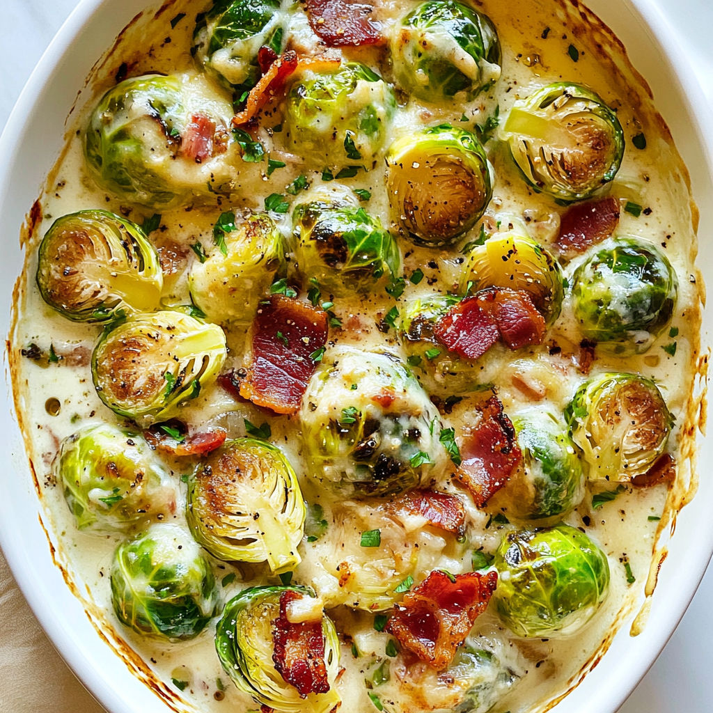 A bowl of creamy brussels sprouts with turkey bacon.