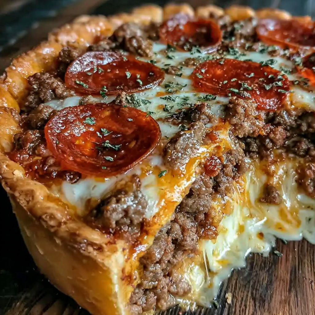 A slice of deep hamburger pie with pepperoni and beef sausage.