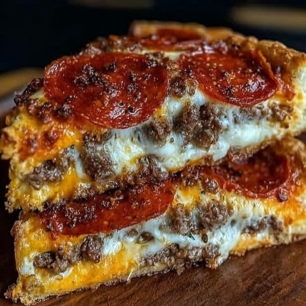 A slice of deep hamburger, beef sausage and pepperoni pie.