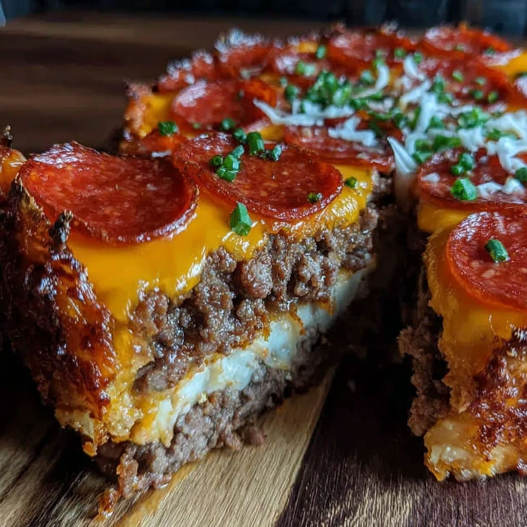 A slice of deep hamburger pie with pepperoni and beef sausage.