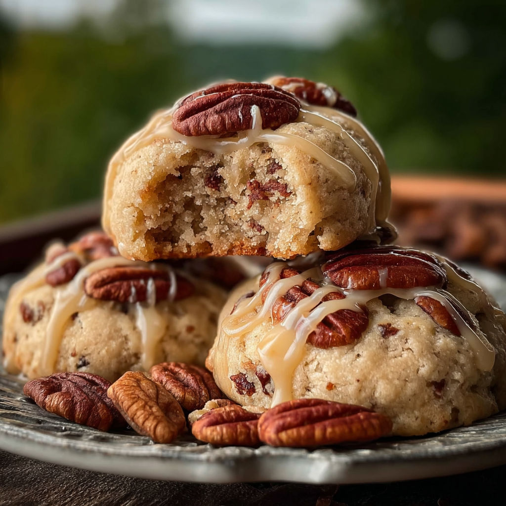 A plate of pecan muffins with icing.
