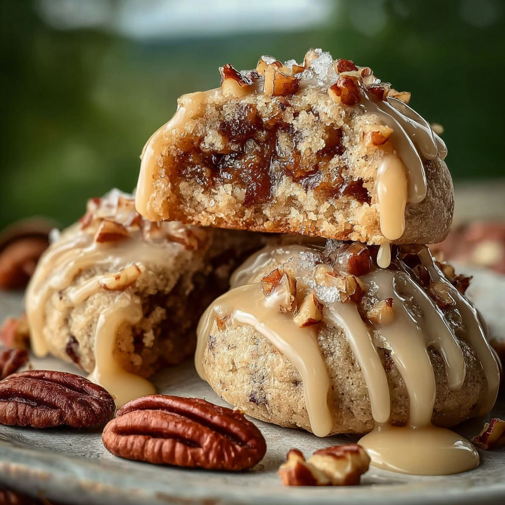 A stack of three cakes with caramel drizzled on top.