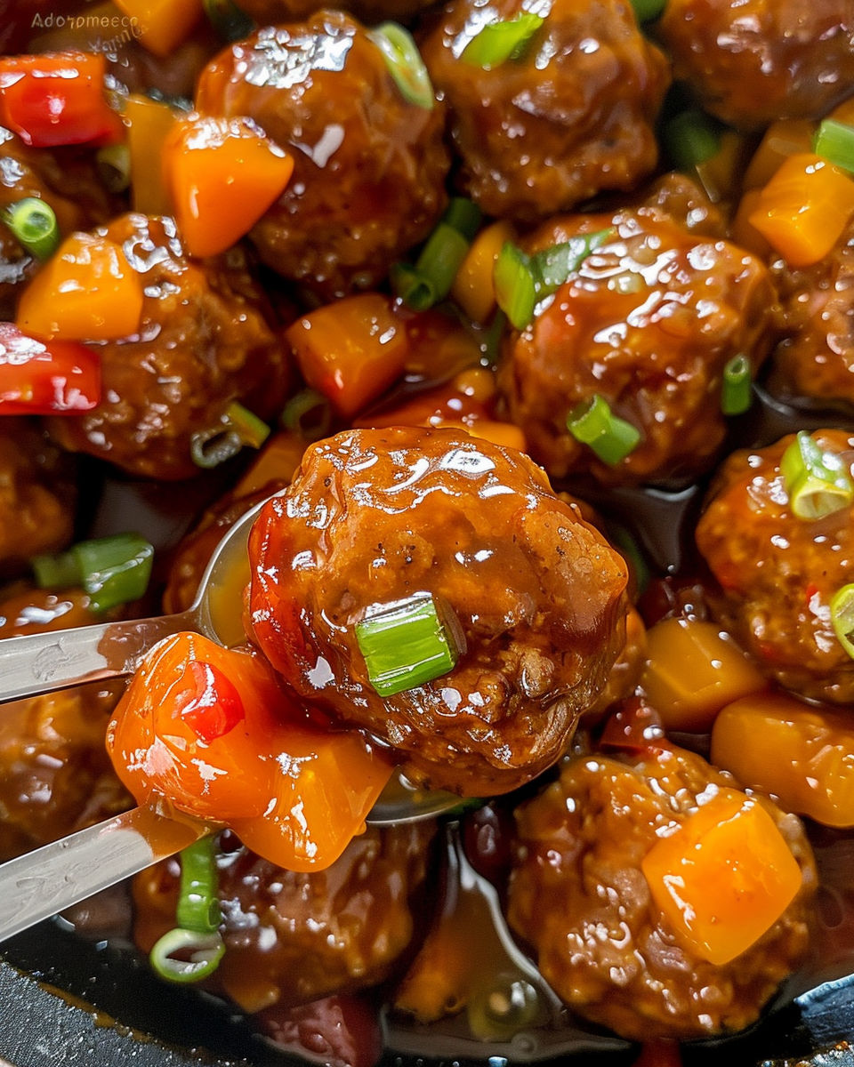 A spoonful of sweet and sour meatballs.
