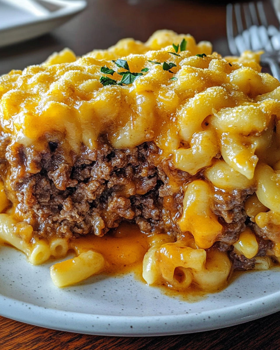 A close up of a mac and cheese meatloaf casserole.