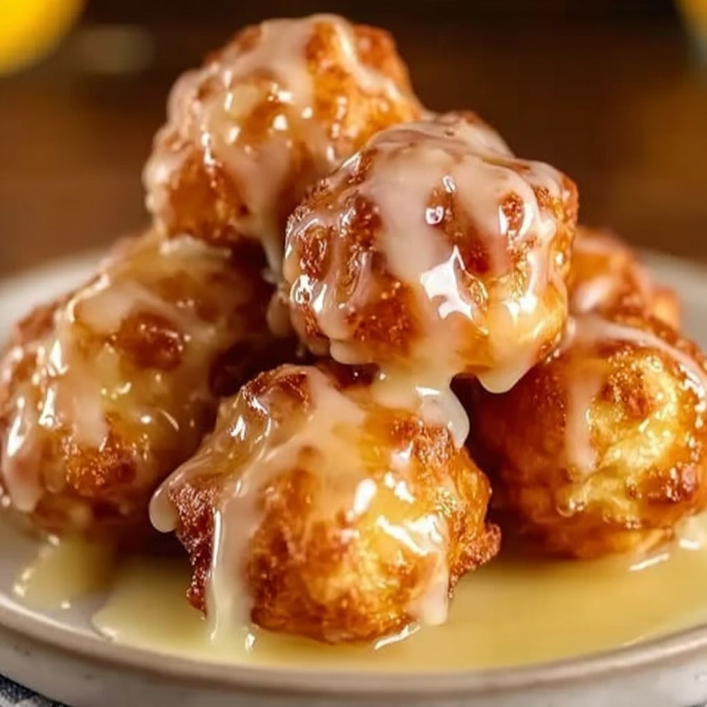 A plate of cinnamon glazed apple fritter bites.