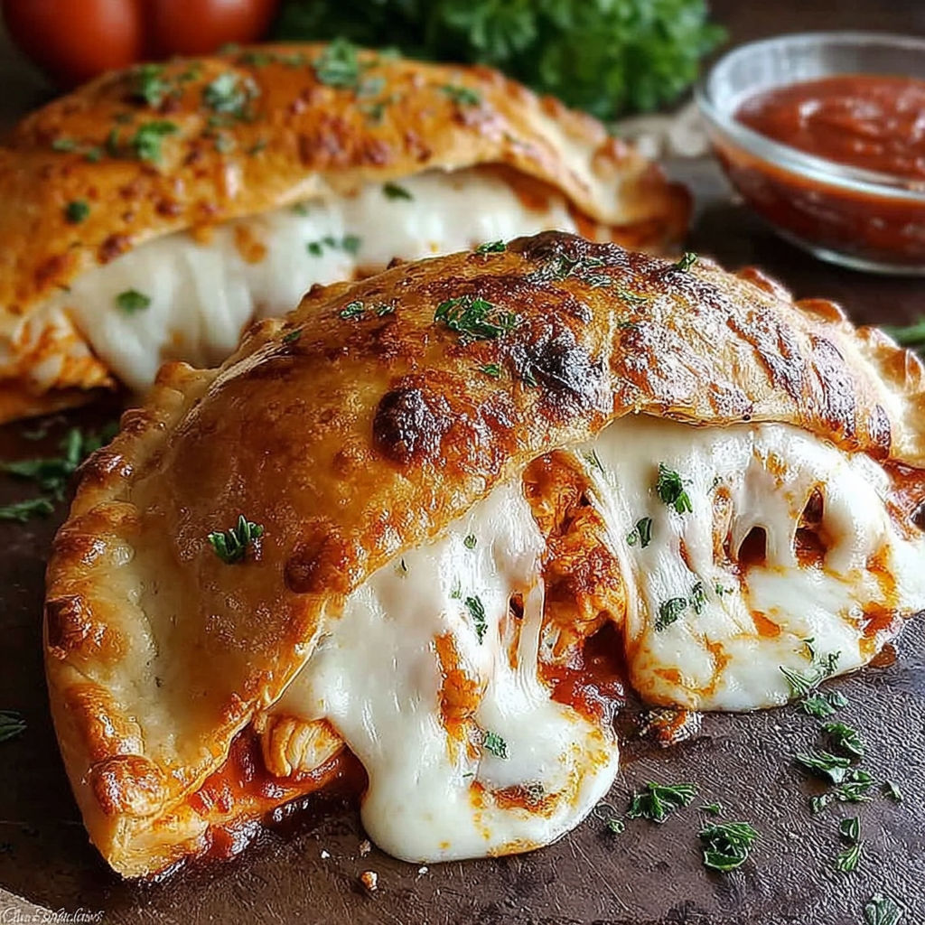 A chicken calzone with cheese and tomatoes.
