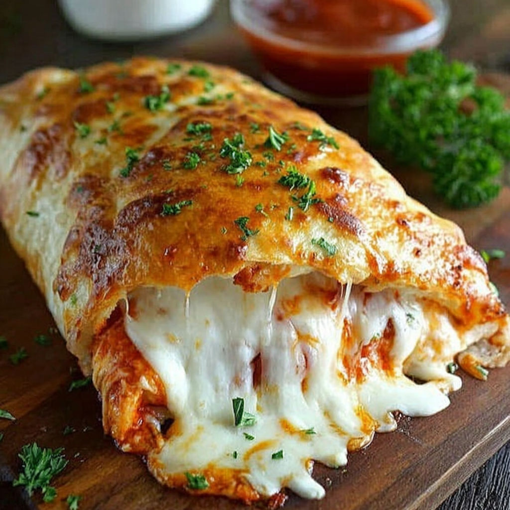 A cheese and tomato stuffed sandwich on a wooden table.