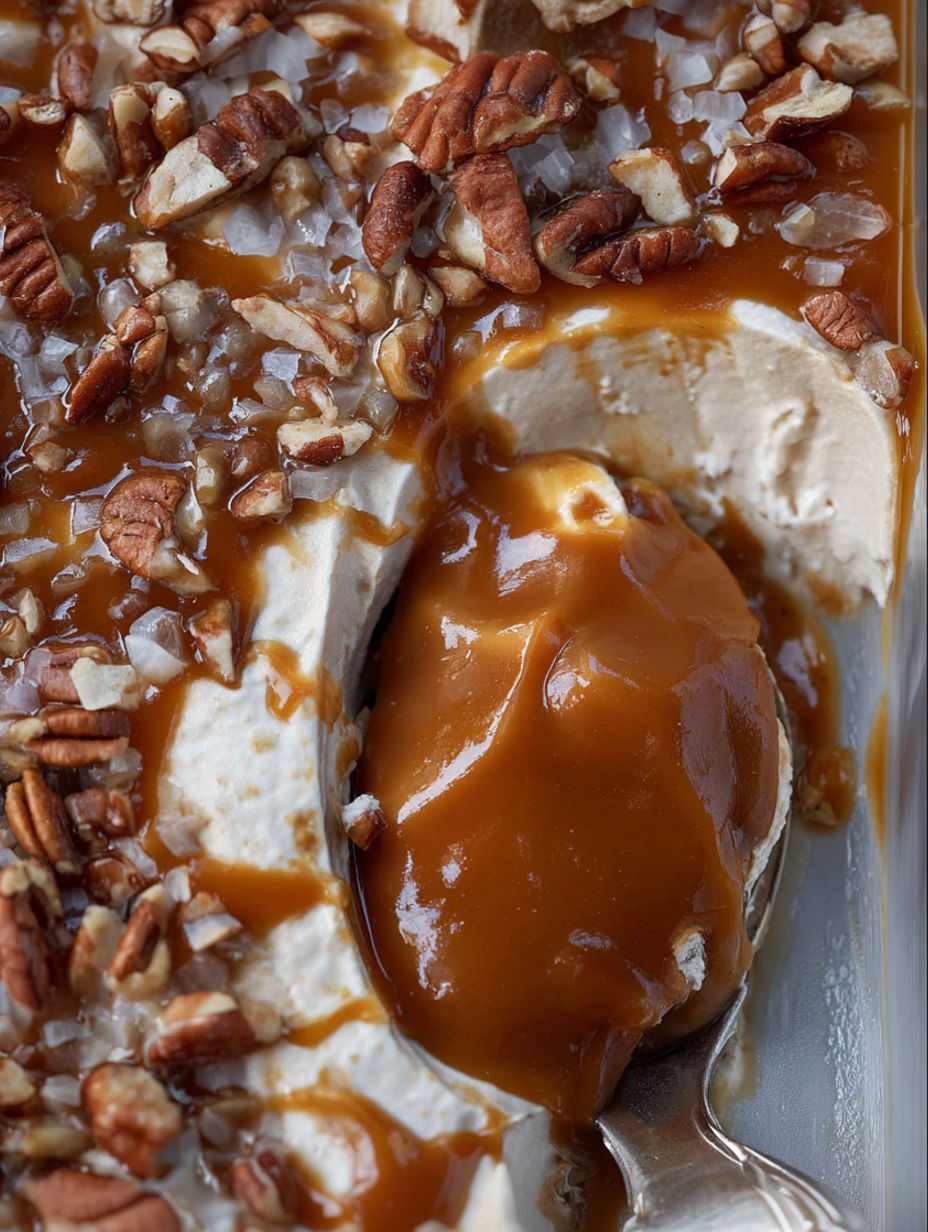 A close up of a dessert with a spoon in it.
