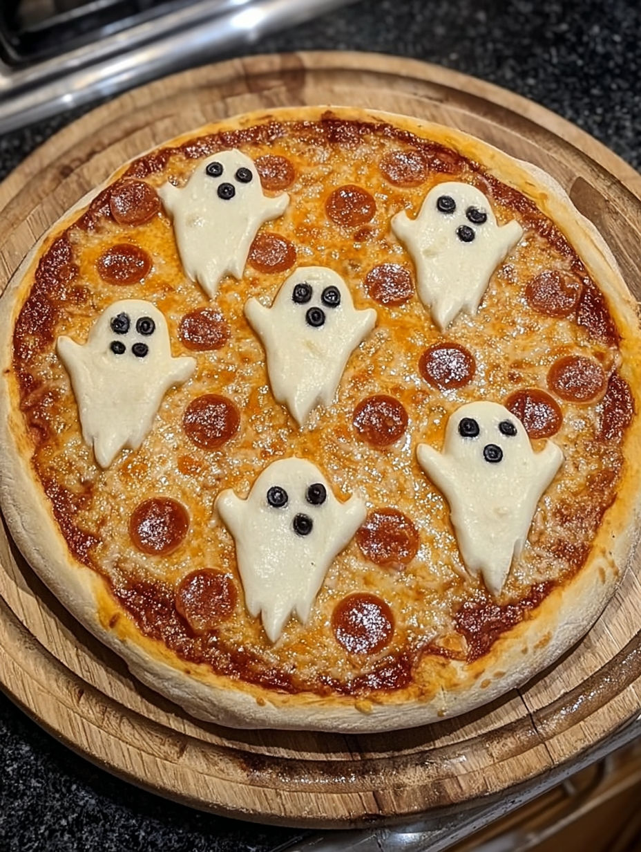 A pizza with ghost decorations on it.
